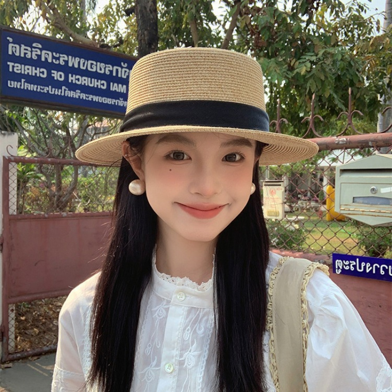 夏季法式平顶草帽草编礼帽大檐太阳帽海边度假遮阳帽新款防晒帽子