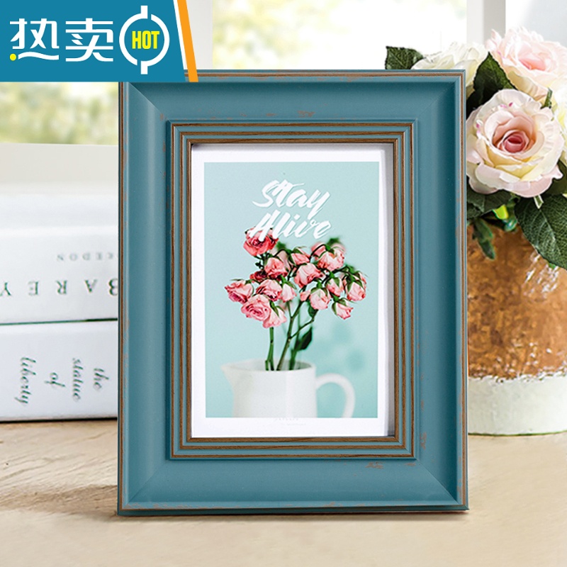 定制4k8开创意美式做旧画框儿童相片相架复古 做旧蓝 8寸摆台[可放15