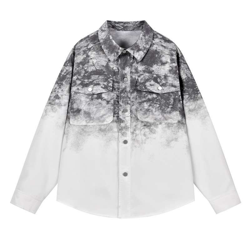 男装春秋季新款宽松长袖衬衫青少年潮牌痞帅翻领渐变情侣衬衣外套