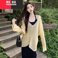 YIBUSHENG法式黑色收腰挂脖吊带连衣裙子女气质高级感2024春秋新款套装长裙