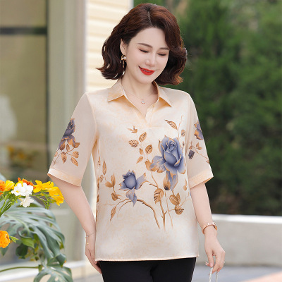 时尚印花中老年人衣服洋气短款妈妈装夏季中袖衣服洋气中年上衣女