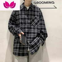 七斓休闲格子衬衫男痞帅翻领情侣衬衣百搭外套港风复古打底上衣服