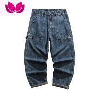 七斓复古牛仔裤男直筒宽松腰果花拼接薄款长裤日系潮牌休闲工装裤