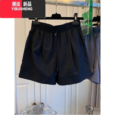 YIBUSHENG短裤女季薄款松紧腰胖mm大码高腰宽松显瘦休闲阔腿黑色五分裤子