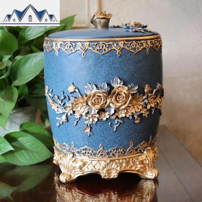 美式格调蓝桌面垃圾桶带盖家居创意客厅卫生间收纳桶大号家用带盖 三维工匠