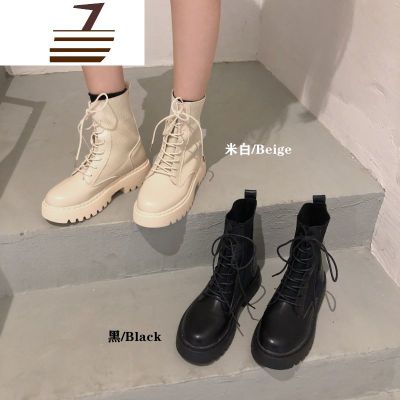 尗卡马丁靴女针织靴新款时尚英伦风百搭系带厚底拼接短靴子女士靴子