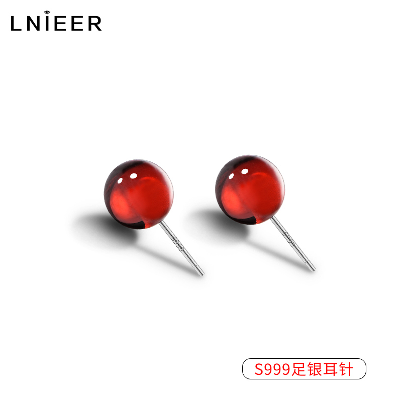 999纯银石榴石耳钉女2025新款潮红色耳环气质耳棒养耳洞耳饰
