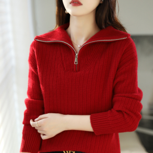 秋冬新款100纯羊毛衫女半高开拉链领毛衣套头宽松新款可翻领春秋宽松加厚外穿羊毛衫内搭翻领针织打底衫半拉链毛衣女上衣