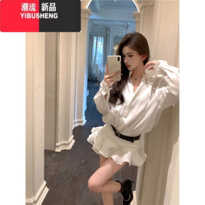 YIBUSHENG白色荷叶边长袖衬衫连衣裙女装春季收腰显瘦短裙法式休闲a字裙子