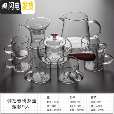 三维工匠玻璃茶具套装日式功夫花茶整套透明家用简约煮茶壶泡茶壶锤纹耐热 侧把玻璃茶壶矮款9入