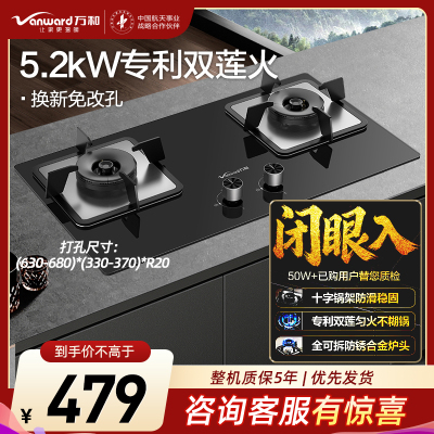 万和蓝莲花燃气灶5.2kW大火力钢化玻璃台嵌两用易清洁灶具多重安全防护JZT-B9L50