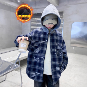 男童加绒外套秋冬新款中大儿童装冬季一体绒加厚连帽格子衬衫