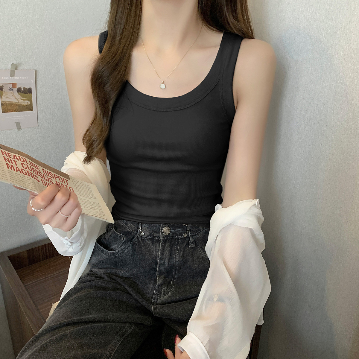 [2.5折价34元]唐狮秋季女圆领净色坑条打底背心简约百搭辣妹气质韩版潮