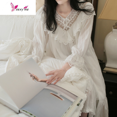 睡裙女长款长袖白色纯宫廷公主风仙女甜美可爱睡衣FISHBASKET