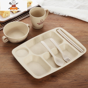 日式创意小麦秸秆餐具儿童餐盘套装宝宝防摔家用卡通分格盘快餐盘 六件套升级款[米色] 敬平