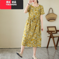 YIBUSHENG洋气复古印花亚麻短袖连衣裙女宽松收腰显瘦圆领棉麻休闲中长裙