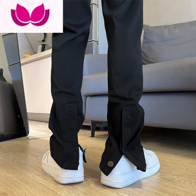 七斓美式vibe裤子小众设计感纯黑色牛仔裤男hiphop高街排扣开叉微喇裤