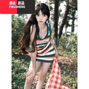 YIBUSHENG韩版高级感撞色条纹针织连衣裙女季修身显瘦高级感休闲百搭裙子