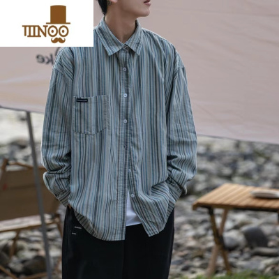 YANXU日系复古拼色条纹衬衫男2023年新款潮牌宽松百搭外穿衬衣休闲上衣