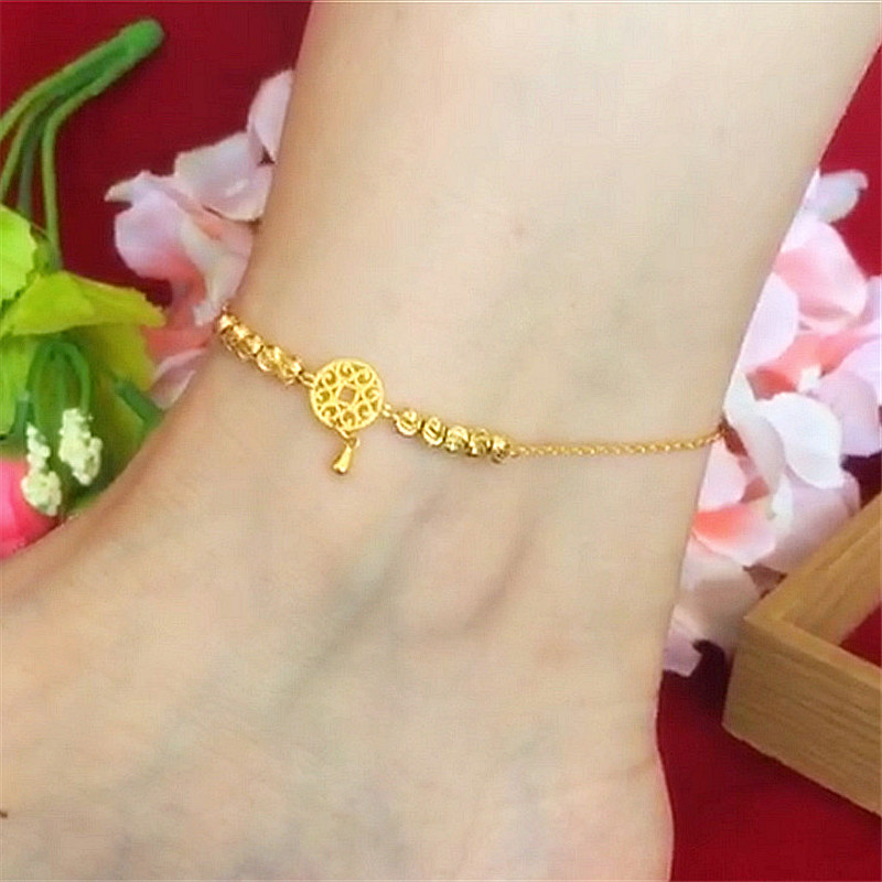 新款韩版沙金脚饰女 24K铜镀金钱币转运珠脚链仿黄金久不掉色饰品送女朋友老婆情人节七夕生日礼物