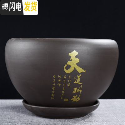 三维工匠紫砂花盆陶瓷大号特大带托盘绿萝盆景家用兰花多肉小花盆 DS紫砂苹果-天道酬勤单个 中等花盆容器