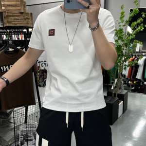 夏季新款短袖T恤男士刺绣简约笑脸圆领半袖丝光棉打底衫上衣潮ins