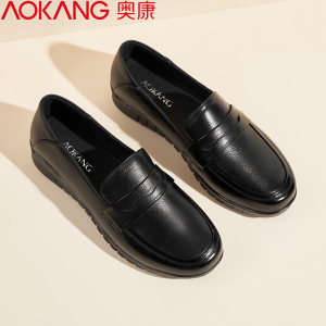 奥康女士休闲皮鞋舒适软底豆豆鞋牛皮透气单鞋日常通勤低帮套脚乐福鞋