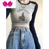 七斓复古卡通正肩长袖t恤女春季2023年新款内搭打底衫设计感小众上衣