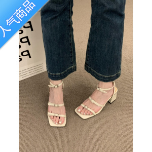 SUNTEK一字带绝美凉鞋女鞋子2023年新款夏季仙女风高级感粗跟高跟罗马鞋