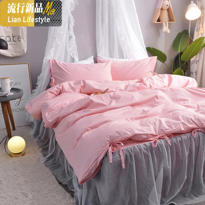 韩式公主风蝴蝶结被套棉四件套网红少女心蕾丝床裙床单床上ins 三维工匠