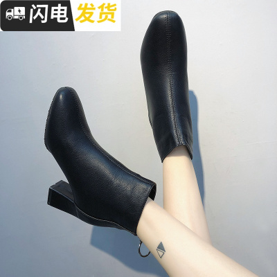 方头短靴女2018秋冬新款后拉链靴子高跟粗跟瘦瘦靴韩版百搭学生鞋启如