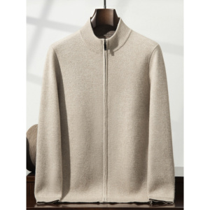 空气层双层半高领山羊绒衫男士开衫毛衣秋冬针织毛衫加厚拉链外套