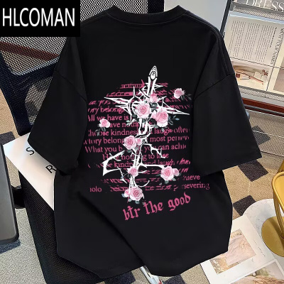 HLCOMAN美式玫瑰印花短袖T恤男女夏季oversize潮牌宽松情侣百搭上衣