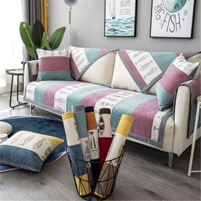 家柏饰(CORATED)沙发垫 四季通用防滑沙发巾盖布北欧简约加厚 沙发套全包套罩 雪尼尔绿紫鱼 110*210cm