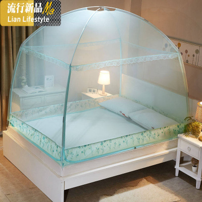 夏季蒙古包蚊帐U型三开1.8床1.5m双人家用加密加厚床上用品蚊帐 三维工匠