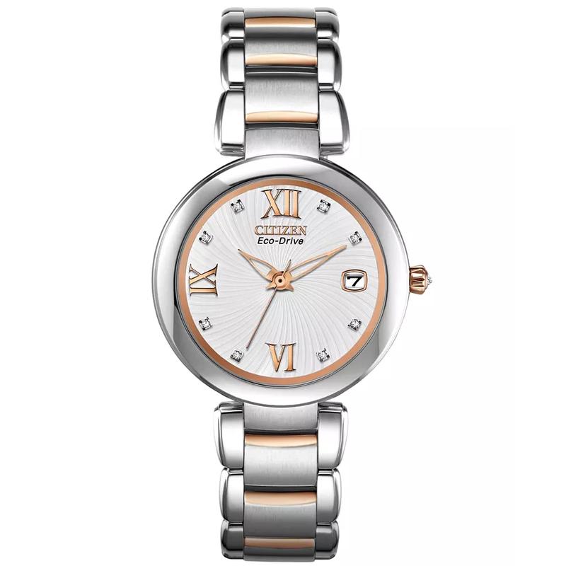 西铁城(CITIZEN)女士石英腕表防水防丢玫瑰金不锈钢镶钻时尚商务手表
