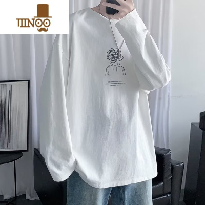 YANXU秋季长袖t恤男ins宽松百搭印花上衣休闲加肥加大码打底衫