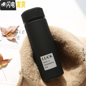 三维工匠韩版简约清新304不锈钢保温杯情侣杯子男女学生水杯创意文艺泡茶 简约英文黑色+茶漏500