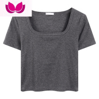 七斓短款洋气卡腰小衫法式修身显瘦方领上衣女夏新款黑色短袖辣妹T恤