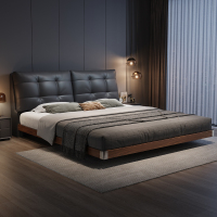 意式真皮床轻奢现代简约双人床主卧室带灯满铺榫卯悬浮床软包婚床
