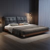 意式真皮床轻奢现代简约双人床主卧室带灯满铺榫卯悬浮床软包婚床