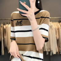 夏季新款圆领简约条纹刺绣撞色宽松气质百搭上衣针织衫短袖