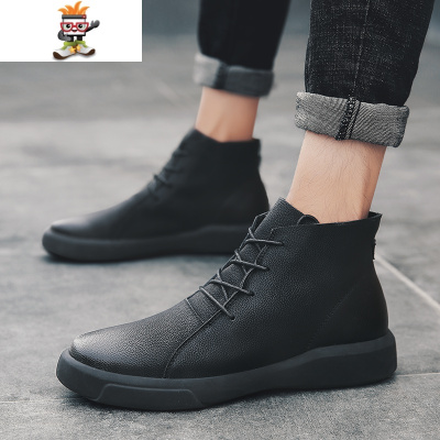 男士马丁靴男英伦风中帮软底短靴子高帮皮鞋冬季加绒保暖棉鞋闪潮