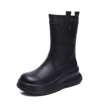 头层牛皮中筒高靴冬季新款真皮手工复古圆头厚底侧拉链女靴子