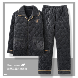 三层夹棉睡衣男款冬季加绒加厚珊瑚绒家居服秋冬季套装大码可外穿
