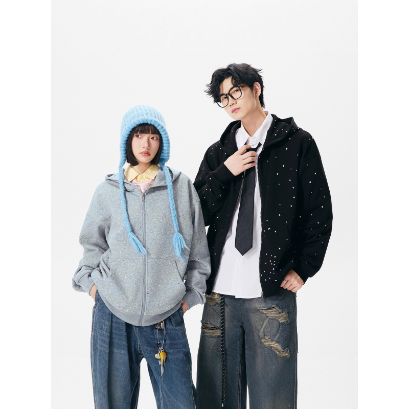 秋季新款满天星开衫连帽卫衣男宽松休闲运动拉链外套男女同款