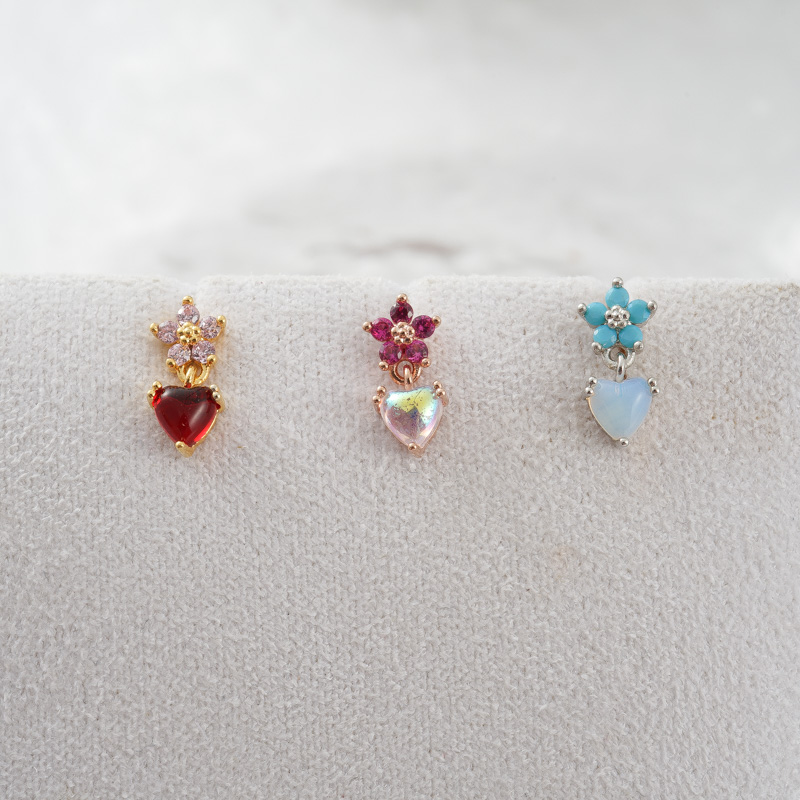 韩国耳钉精镶钻花朵爱心吊坠小耳骨钉百搭气质旋转耳门钉送女朋友老婆情人节七夕生日礼物