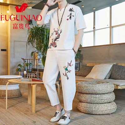 富贵鸟大码宽松男士棉麻套装中国风个性刺绣短袖2021唐装汉服休闲套装胖子亚麻两件装