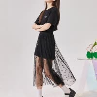 [2.5折价118.2元叠加优惠券]唐狮黑色连衣裙女甜美网纱两小黑裙长裙度假风裙子女夏季s