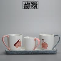 北欧ins三口之家卫浴陶瓷洗漱套装家用洗漱杯情侣漱口杯儿童牙杯 三维工匠 男女雪花釉一对+粉色儿童杯+粉牙刷架+大竹盘